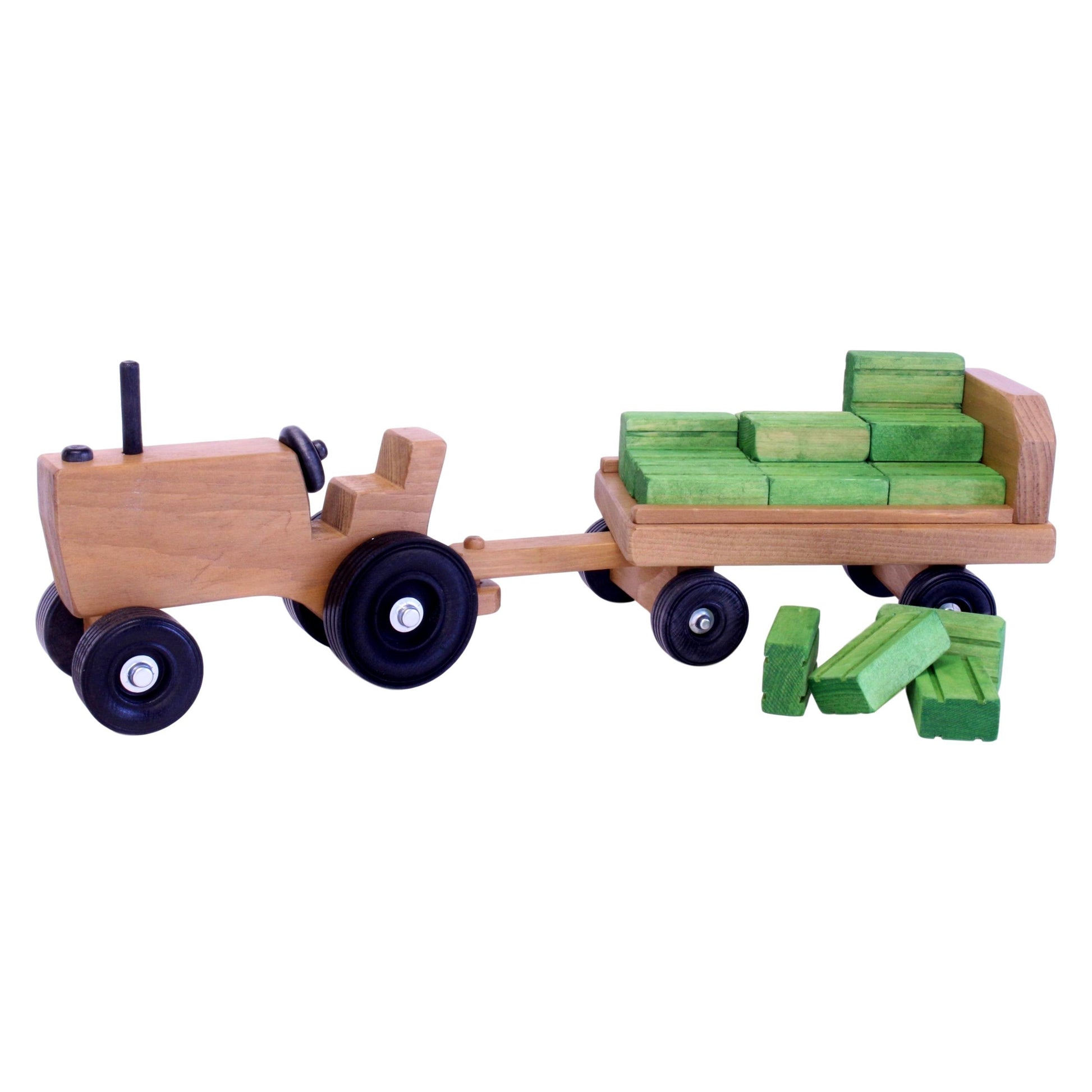 Amish-Made Wooden Toy Tractor and Wagon Set with Hay Bales - American Farm Company