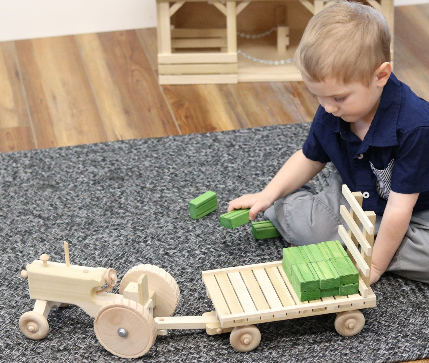 Amish-Made Wooden Toy Tractor & Hay Wagon Set with Hay Bales - American Farm Company