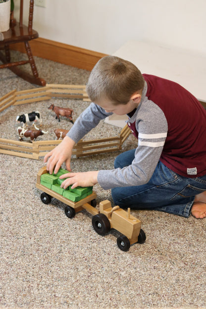 Amish-Made Wooden Toy Tractor and Wagon Set with Hay Bales - American Farm Company