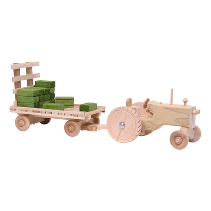 Amish-Made Wooden Toy Tractor & Hay Wagon Set with Hay Bales - American Farm Company