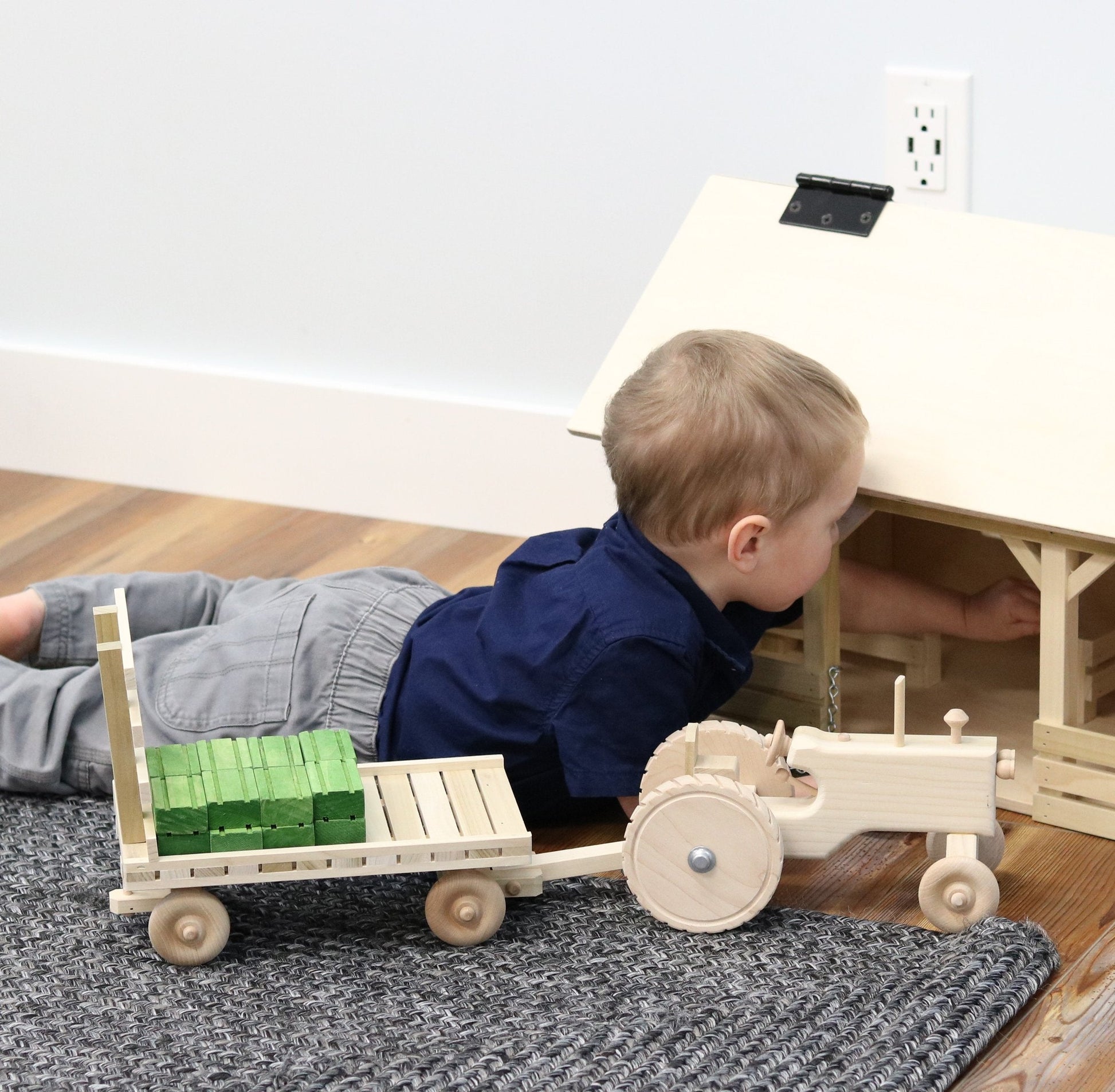 Amish-Made Wooden Toy Tractor & Hay Wagon Set with Hay Bales - American Farm Company