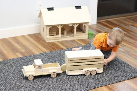 Amish-Made Wooden Toy Pickup & Horse Trailer Set, Unfinished Wood - American Farm Company