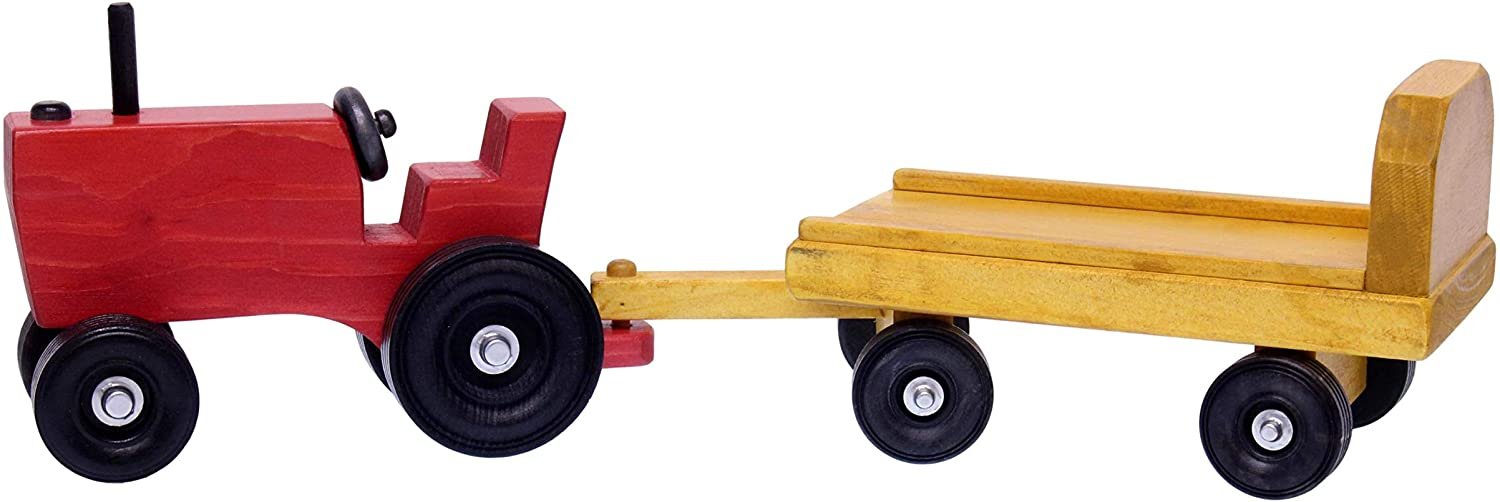 Amish-Made Wooden Toy Tractor and Wagon Set with Hay Bales - American Farm Company