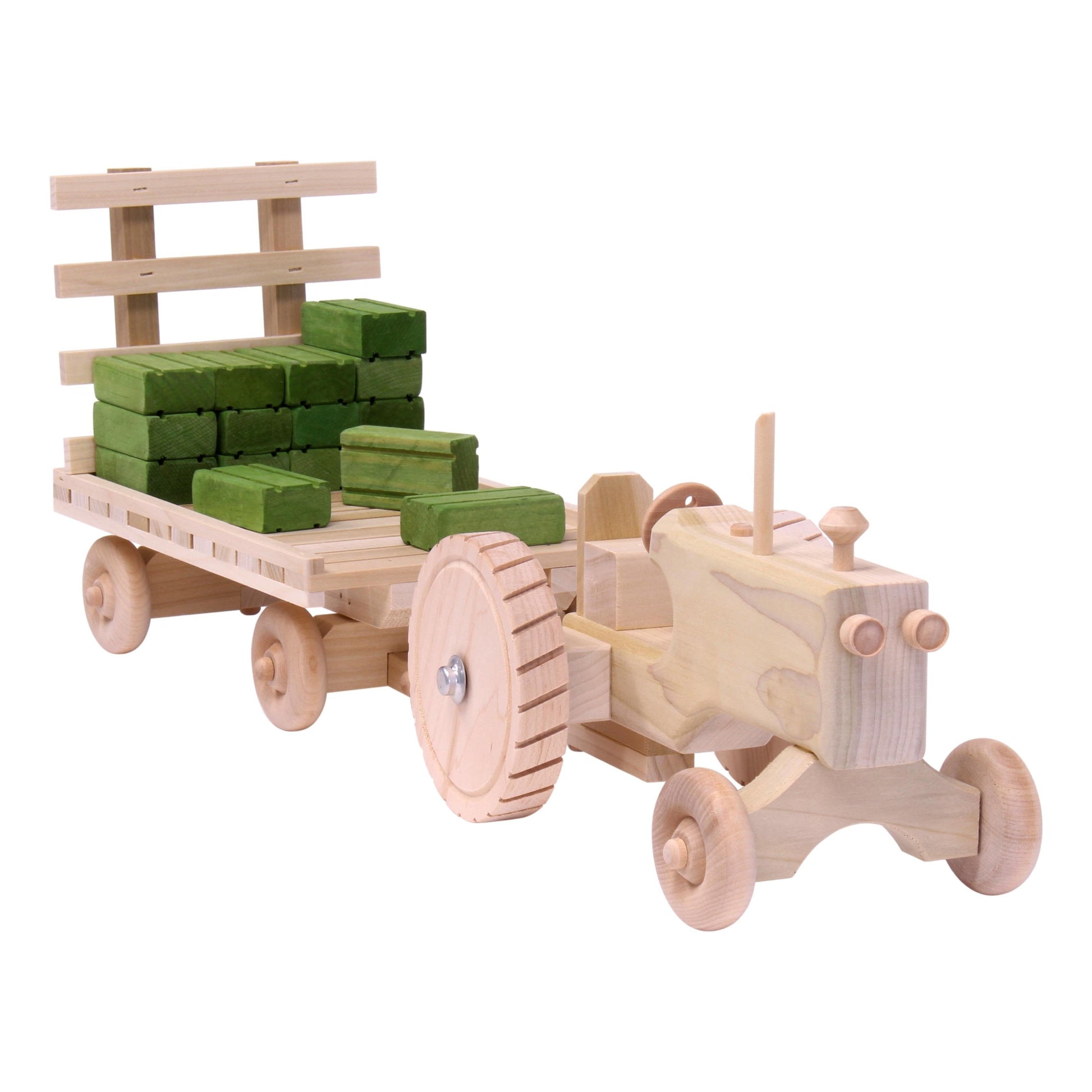 Amish-Made Wooden Toy Tractor & Hay Wagon Set with Hay Bales - American Farm Company