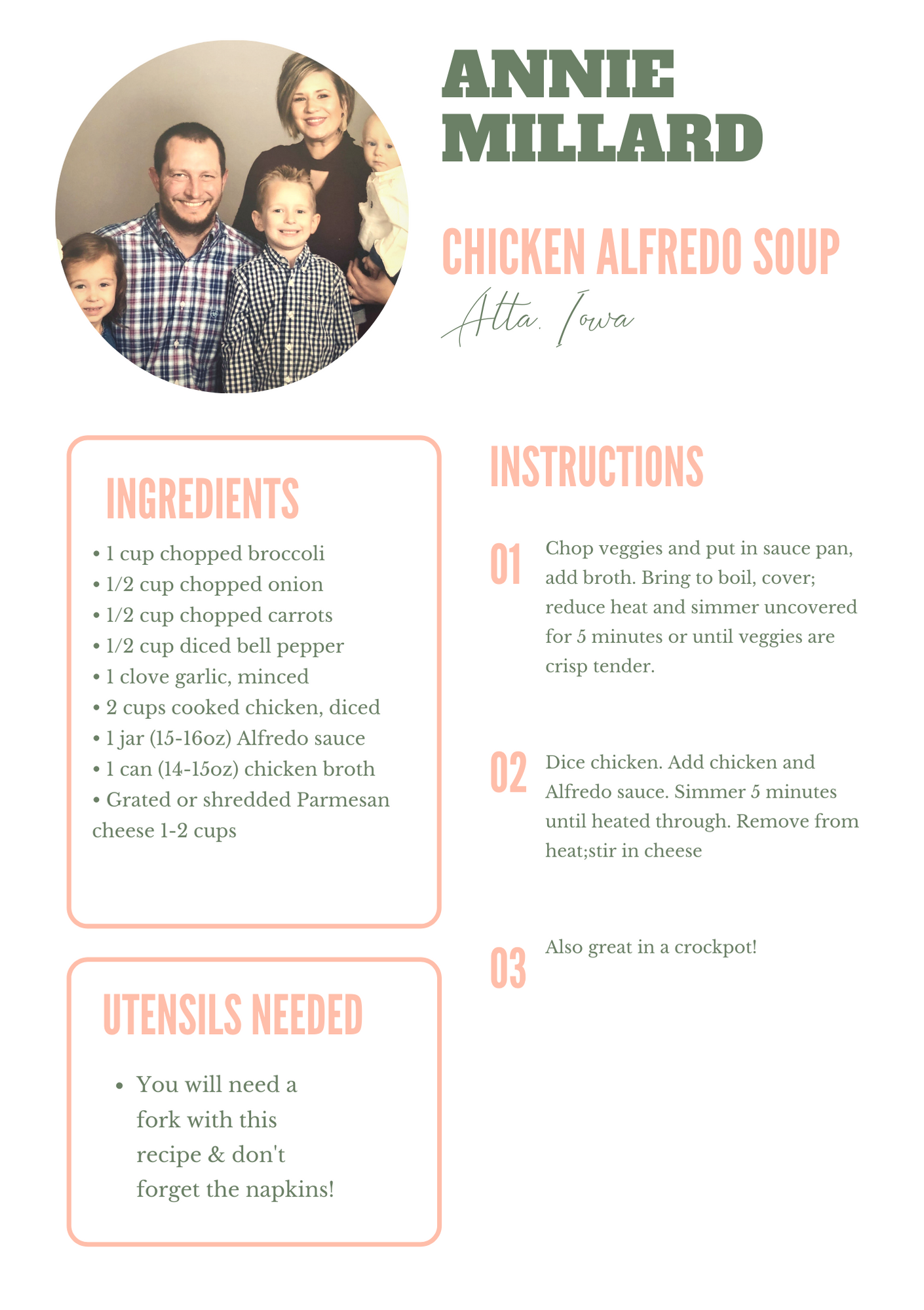 Farm Wife Field Delivery Cookbook chicken alfredo soup recipe by Annie Millard