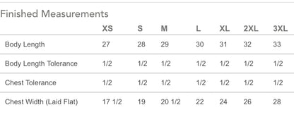 Farmers Water Country Tshirt finished measurement chart