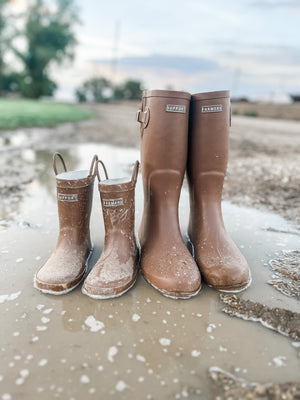 Shot of an adult and kid Support Farmer Boots captured in muddy terrain
