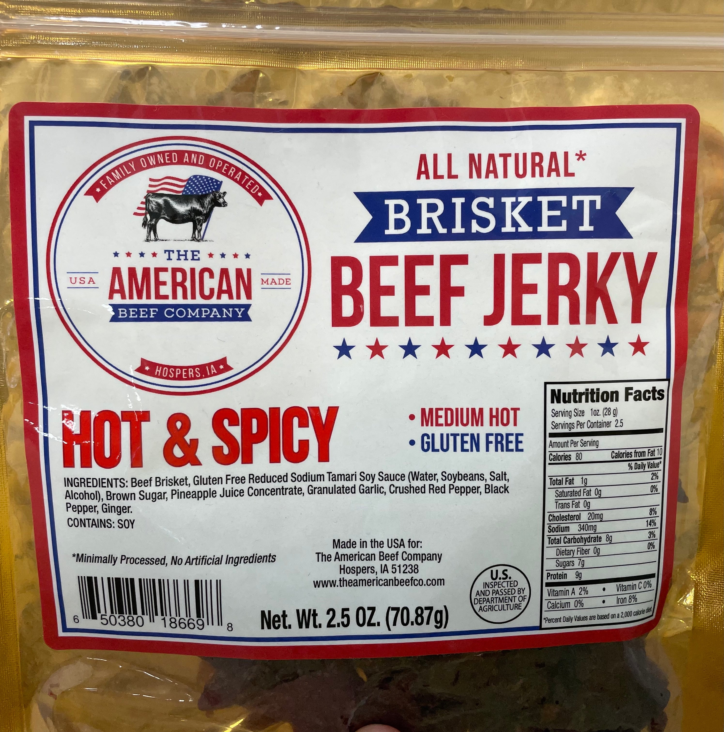 Close up shot of American Beef Company Brisket Beef Jerky product label of hot & spicy
