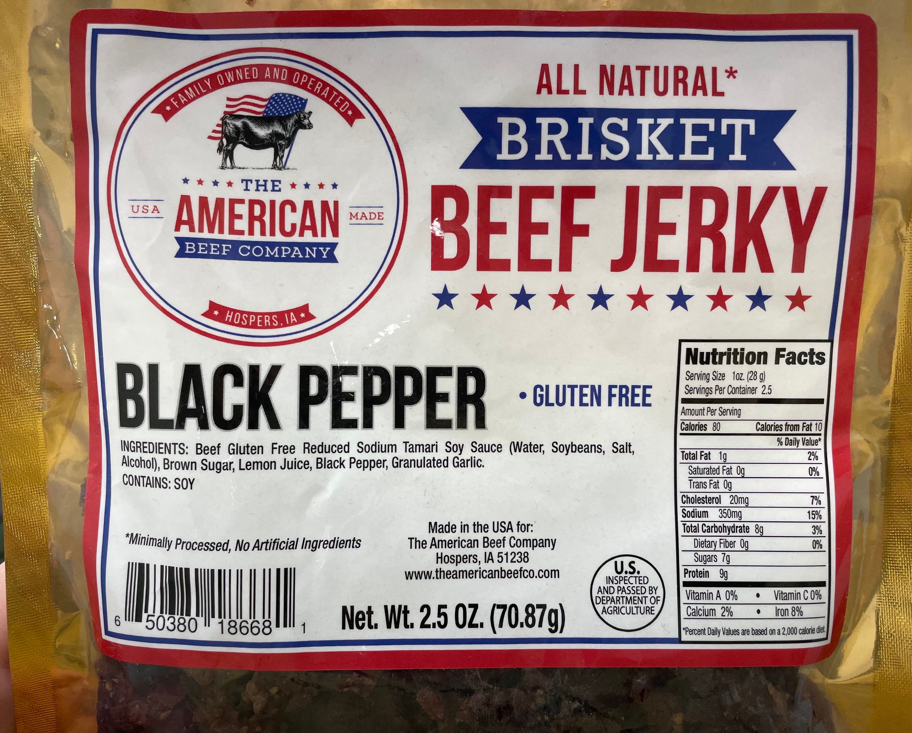 Close up shot of American Beef Company Brisket Beef Jerky product label of Black pepper